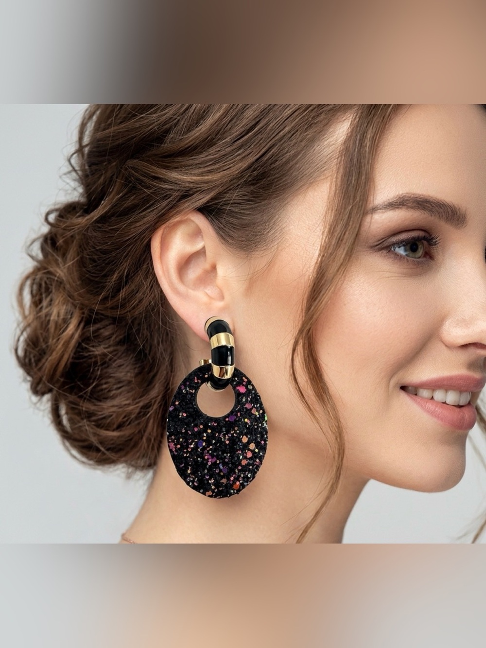 Black Multicolored Chunky Glitter Oval Hoop Drop Earrings Gold Black